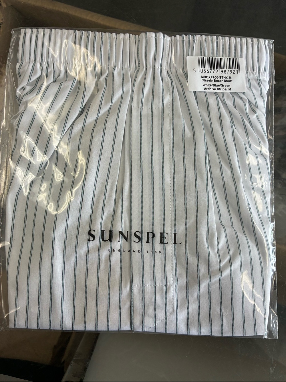 Sunspel  100% Cotton Boxer Shorts Size Medium blue white Green stripe New
